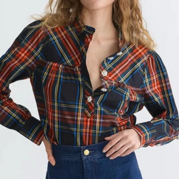 Ladies J Crew Holiday Stewart Tartan Smock Top with Pretty buttons, Size XL - Picture 1 of 8